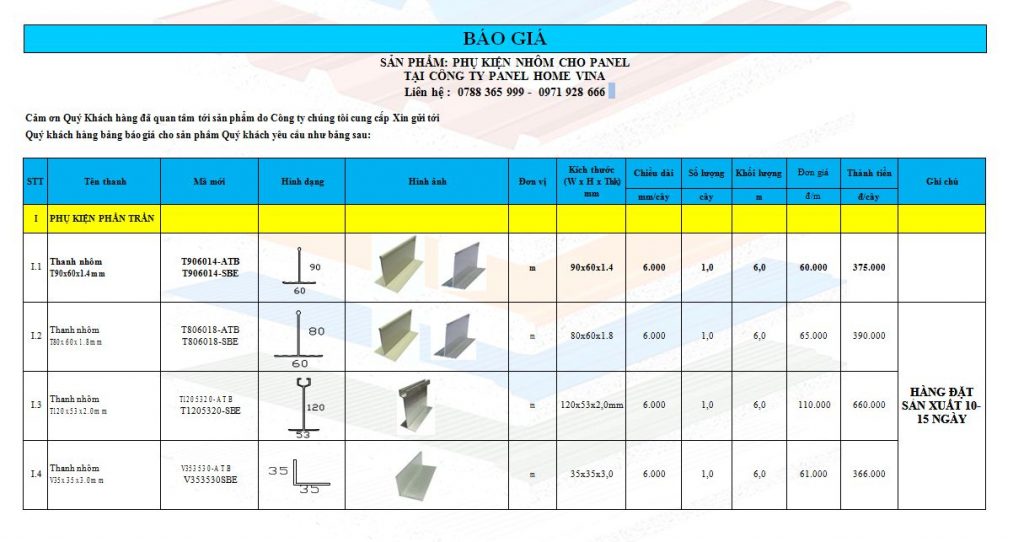 Báo giá phụ kiện nhôm panel phòng sạch