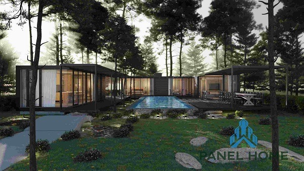 Mẫu 2 nhà lắp ghép sân vườn 3 phòng ngủ đẹp có bể bơi