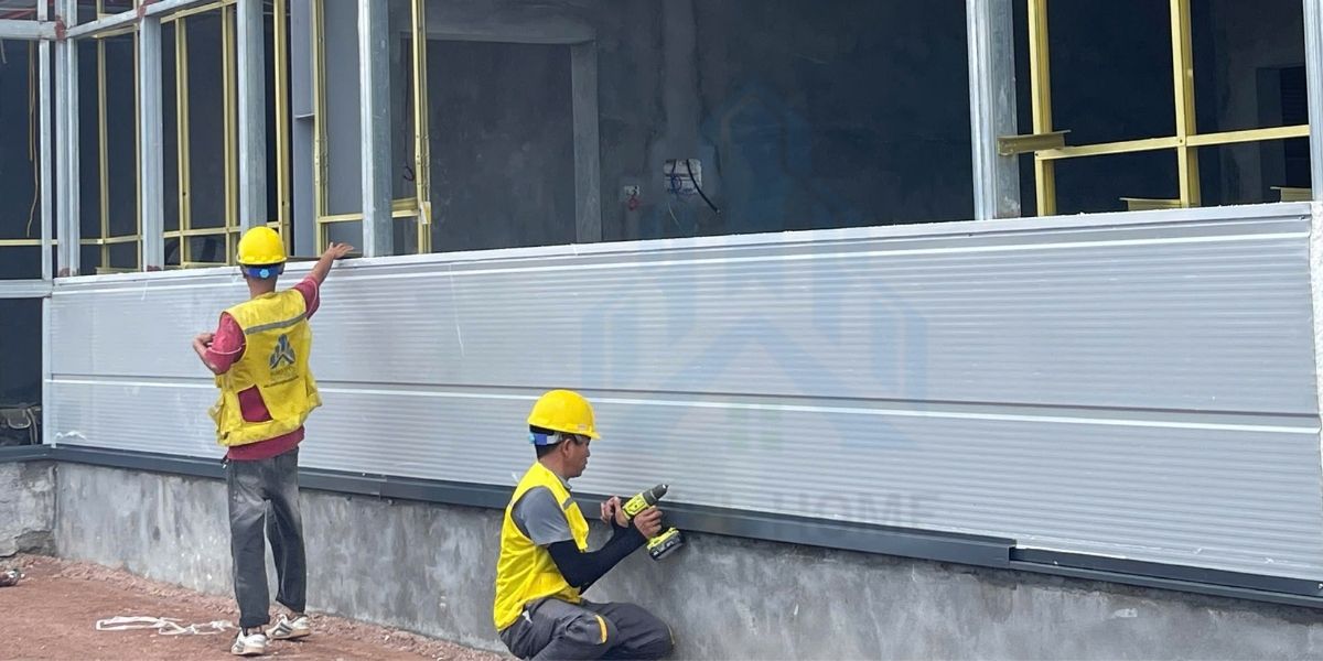 Thi công lắp đặt tấm panel vách ngoài và cố định bằng vít xuyên tấm