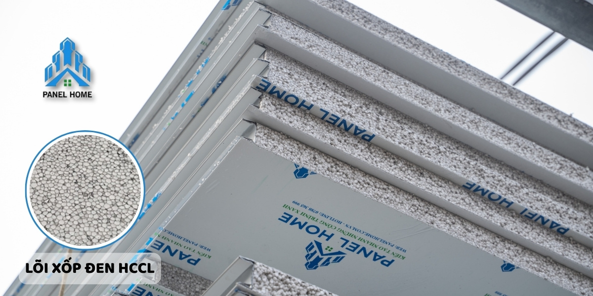 Panel EPS hạn chế cháy lan HCCL với lõi xốp EPS màu đen, tỷ trọng từ 8kg/m3 trở lên