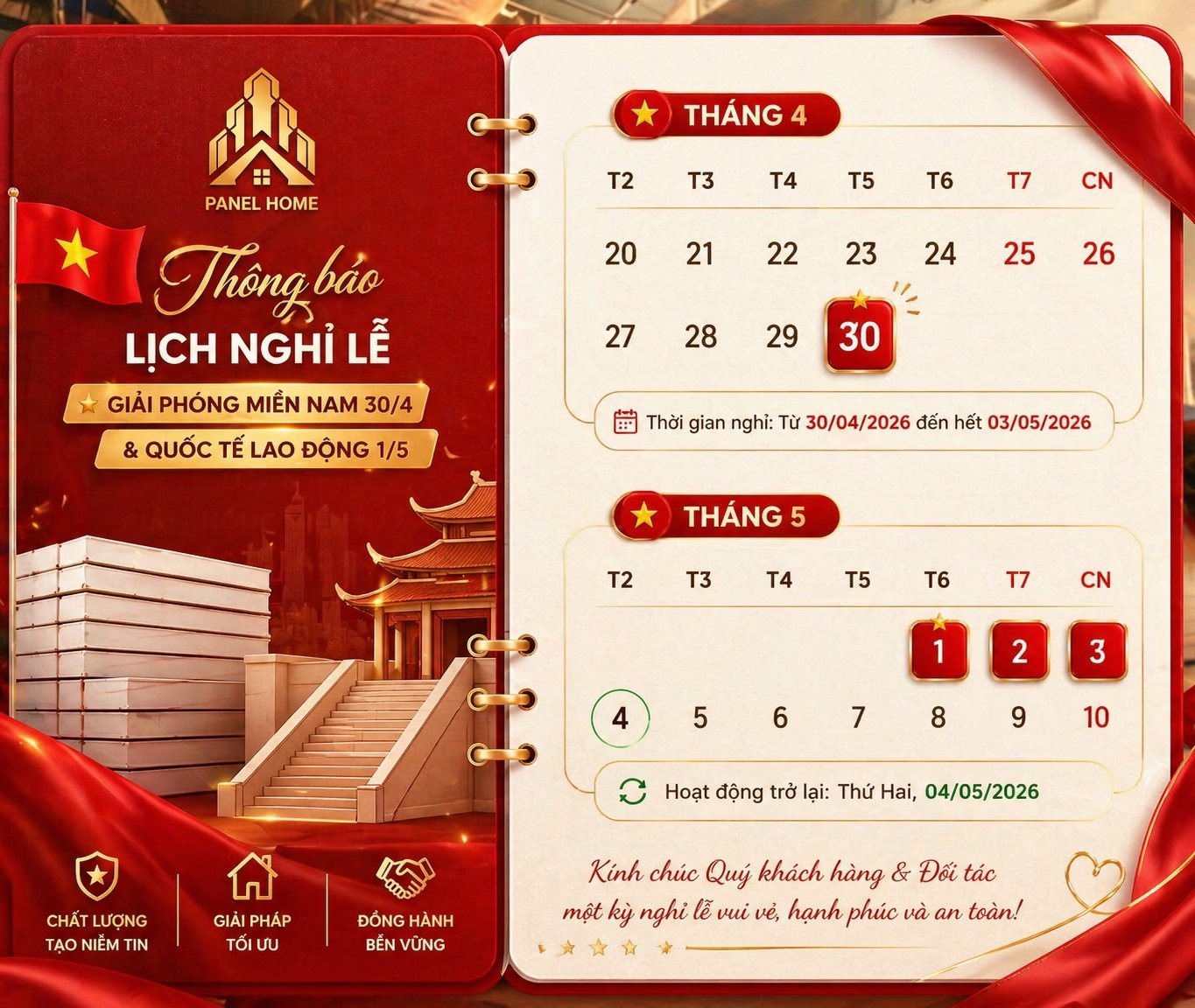 Tạm rời công trình, đi tìm bình yên: Panel Home thông báo lịch nghỉ lễ 30/4 – 1/5