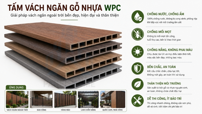 Tấm gỗ nhựa WPC làm vách ngăn ngoài trời chống nước