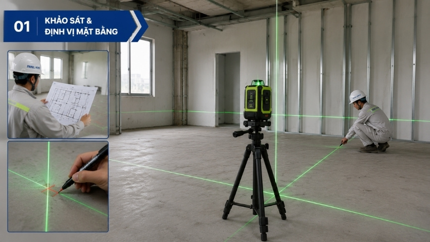 Khảo sát hiện trạng và định vị mặt bằng trước khi thi công tấm panel vách ngăn