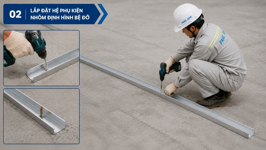 Lắp đặt thanh U nhôm bệ đỡ cho tấm panel vách ngăn