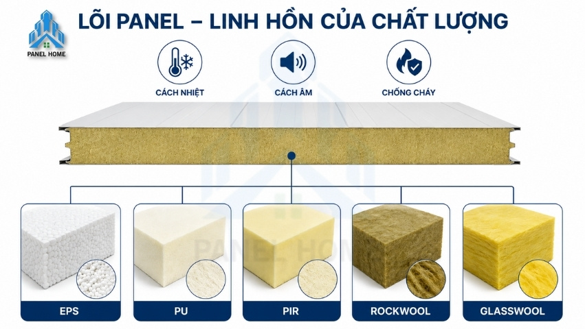 Lõi EPS PU PIR Rockwool của tấm panel vách ngăn